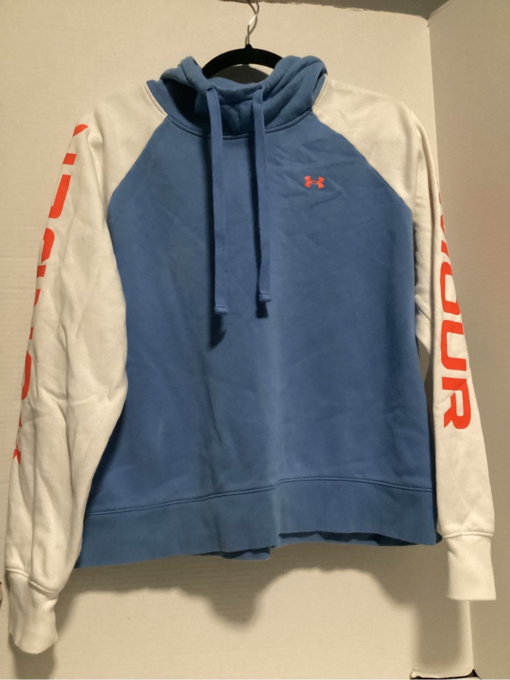 Under Armour Blue Hoodie with White sleeves and Bright Orange Logo Size L